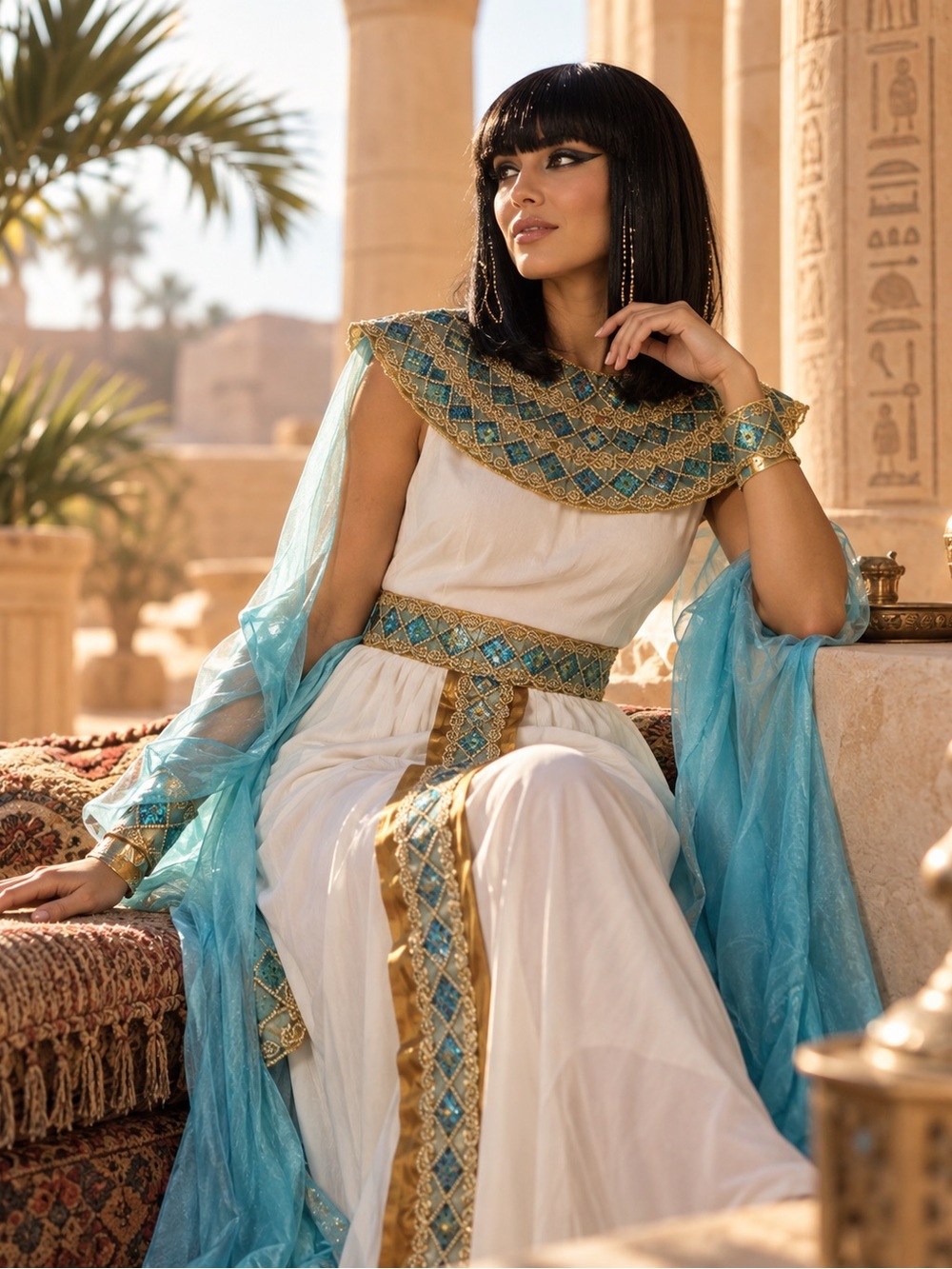 Living Fiction Studios Cleopatra Costume/ Black Pageboy Wig Egyptian Queen